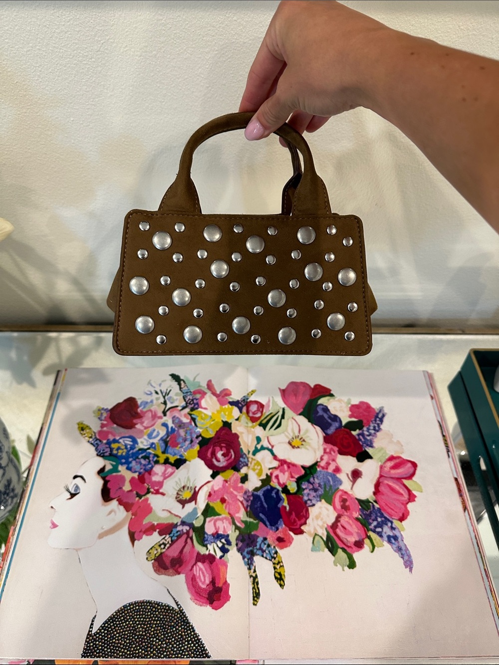 Zara Brown Suede Mini Tote with Silver Stud Accents